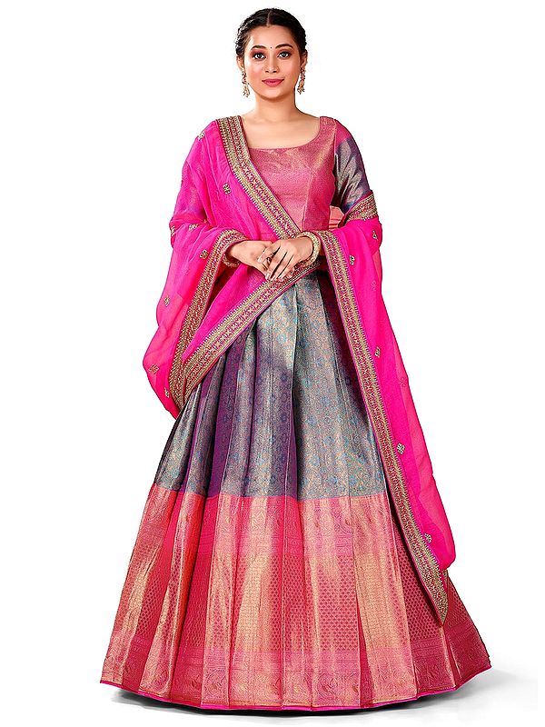 Firozi-Pink Art Silk Ogge Pattern Jacquard Work Banarasi Pavadai With Choli And Dupatta