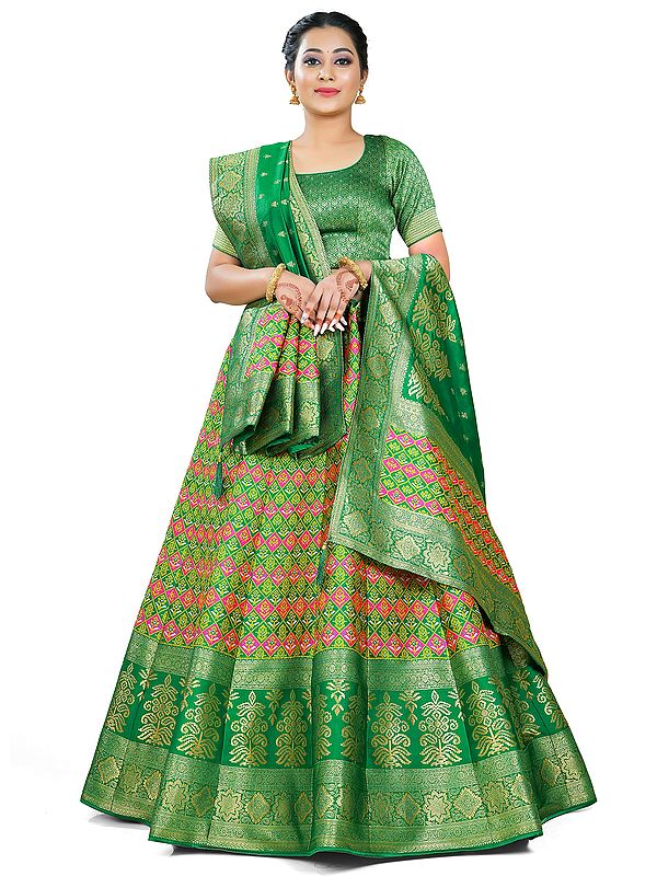 Green Art Silk Patola Pattern Banarasi Half Saree Style Lehenga Choli with Dupatta