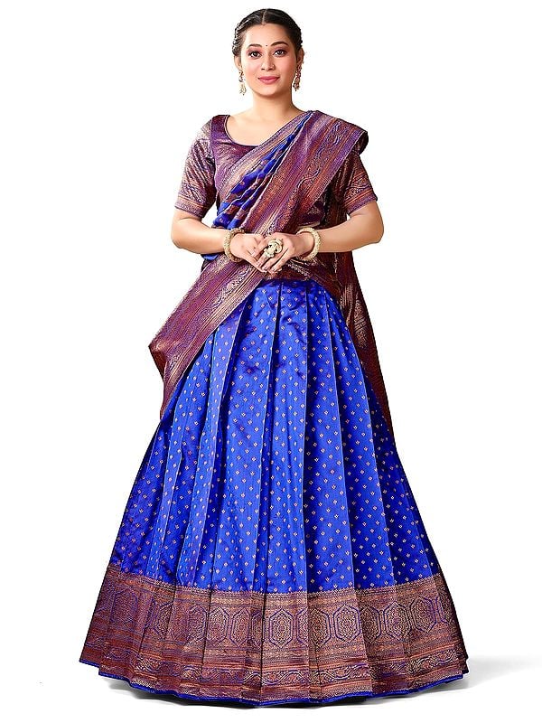 Blue Color Jacquard Work Butti Motif Banarasi Art Silk Half Saree Style Lehenga Choli with Dupatta