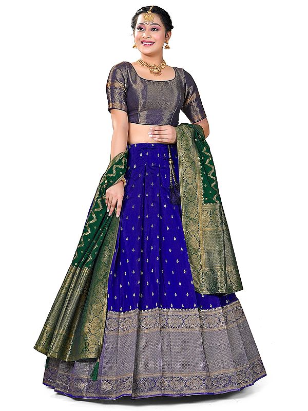 Blue Art Silk Jacquard Motif Half Saree Style Banarasi Lehenga Choli with Green Dupatta
