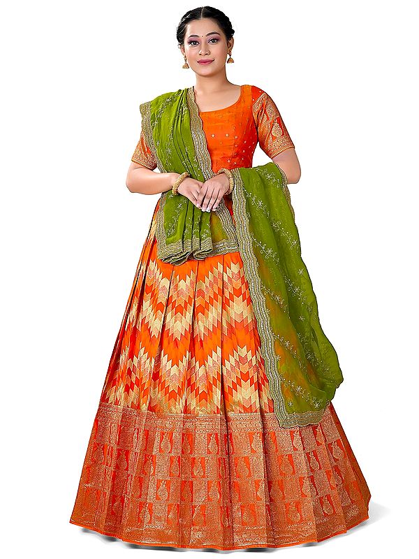 Art Silk Zari Woven Multicolor Chevron Check Pattern Banarasi Half Saree Style Lehenga Choli With Dupatta