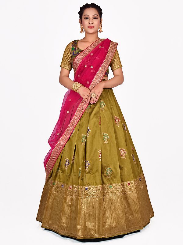 Art Silk Banarasi Floral Motif Zari Work Half Saree Style Lehenga Choli With Dupatta