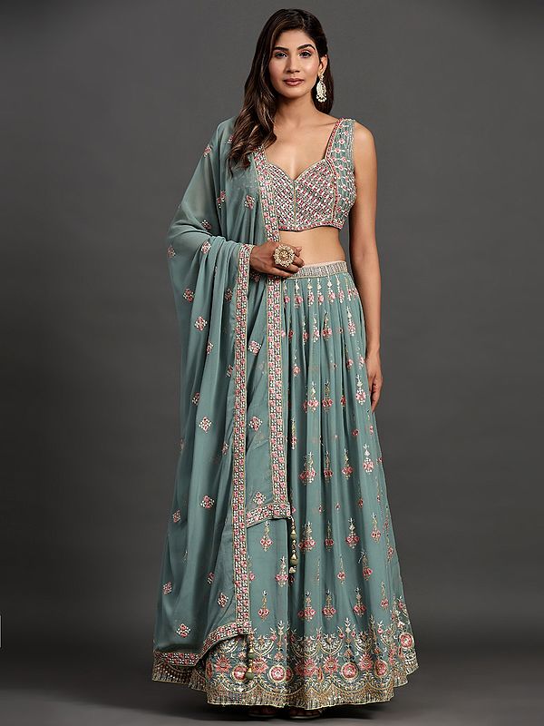 Sea-Green Georgette Embroidered Lehenga Choli with Sequins, Thread, Mirror Work and Matching Latkan Dupatta