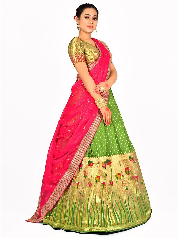 Green Floral Pattern Zari Work Half Saree Style Banarasi Lehenga Choli With Embroidered Dupatta