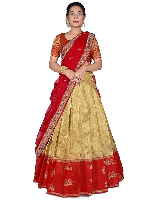 Chiku-Red Art Silk Banarasi Half Saree Style Lehenga Choli With Zari Work Animal-Floral Pattern And Dupatta
