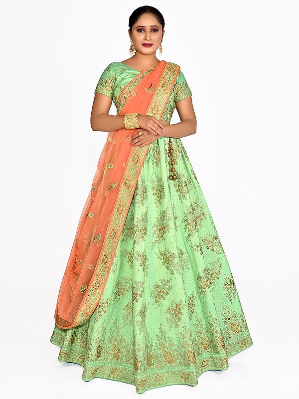 Pista-Green Art Silk Golden Zari Work Half Saree Style Lehenga Choli with Dupatta