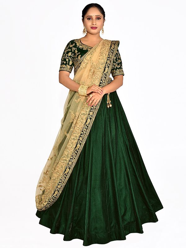 Bottle-Green Half Saree Style Velvet Plain Lehenga with Embroidered Choli and Dupatta