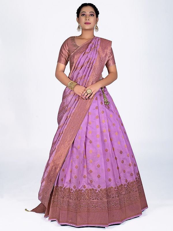 Pink Art Silk Zari Woven Floral Motif Banarasi Half Saree Style Lehenga Choli With Dupatta