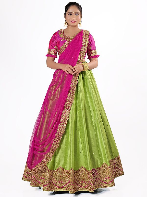 Green Art Silk Half Saree Style Lehenga Choli With Zari Work Border And Pink Dupatta