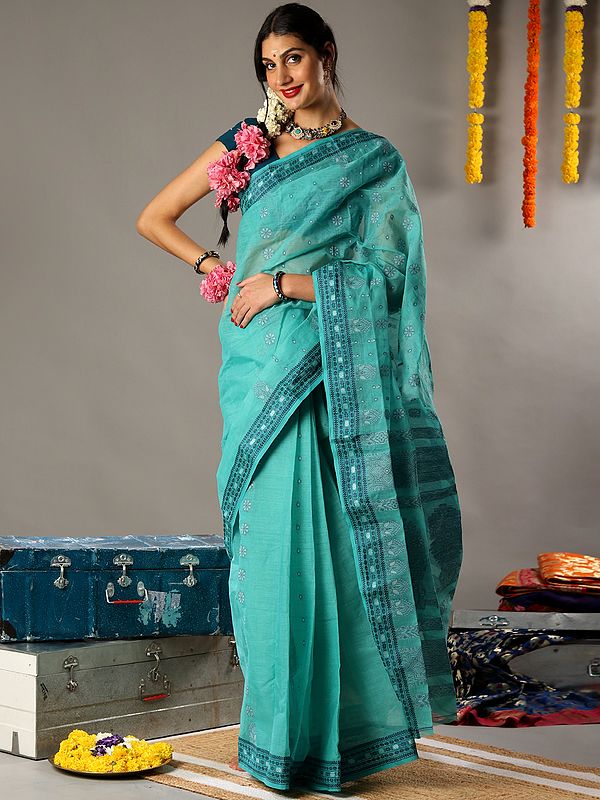Tant Saree with Floral Weave from Bengal