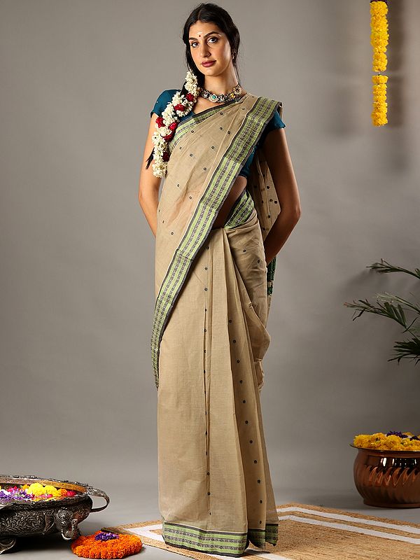 Pale Olive Green Tant Saree with Contrast Green Woven Border from Bengal