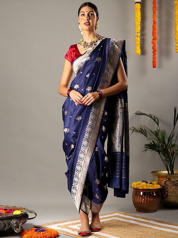 Navy Blue Banarasi Handloom Silk Zari Brocade Saree