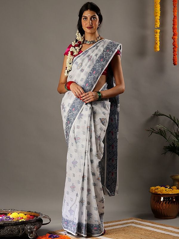 Grey Floral Tant Saree from Bengal