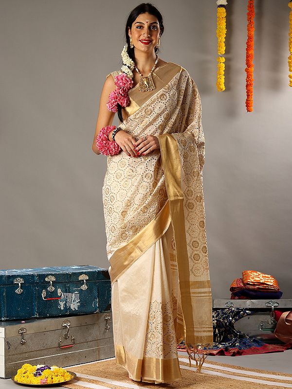 Beige And Gold Art Silk Honeycomb Pattern Tassel Pallu Saree