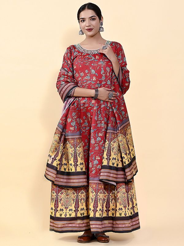 Heavy Chanderi Silk Floral Vine Digital Printed Anarkali Gown With Matching Dupatta