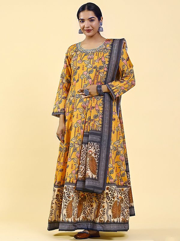 Mustard-Orange Anarkali Gown with Peacock-Vine Digital Printed and Matching Dupatta