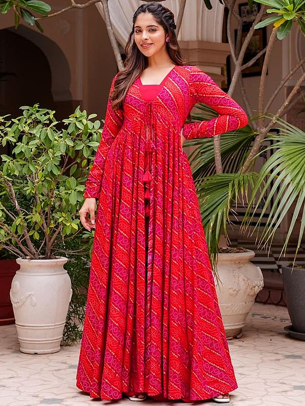 Cherry-pink faux Georgette Crop-Top Palazzo Suit with Heavy Rayon Digital Print Bandhani Pattern Long Shrug