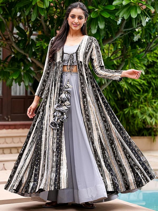 Light-Gray Indo-western Palazzo Suit with Designer Digital Printed Heavy Rayon Long Jacket