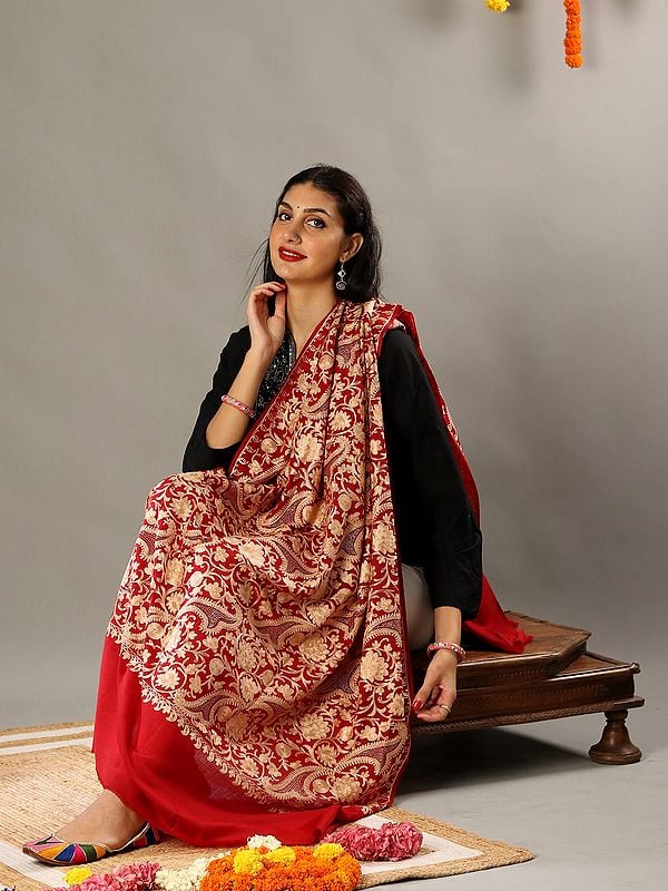 True-Red Pure Wool Shawl with All-Over Paisley-Floral Vine Aari Embroidery and Stud-Crystal Work from Punjab
