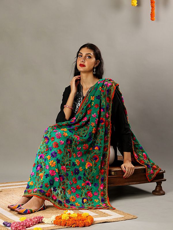 Georgette-Wool Thread Embroidery Phulkari Duppatta with Stud-Crystal Work from Punjab