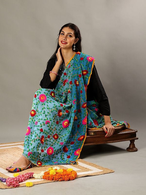 Georgette-Wool Thread Embroidery Phulkari Duppatta with Stud-Crystal Work from Punjab