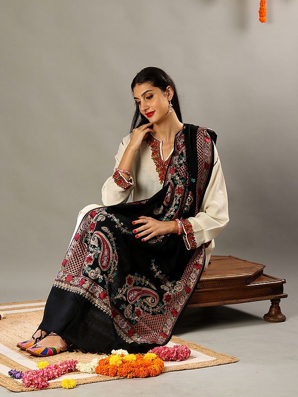 Aari Embroidered Black Fine Wool Stole with Detailed Multicolored Traditional Kashmiri Motifs and Tassels