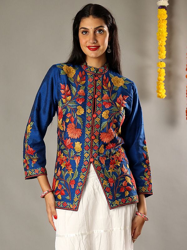 Aari Embroidered Peacock Blue Silk Jacket with Heavily Detailed Multicolored Traditional Kashmiri Motifs