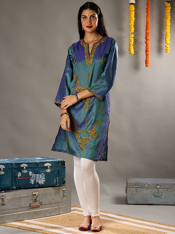 Aari Embroidery Aqua Blue Art Silk Kurti with Detailed Colorful Traditional Kashmiri Motifs