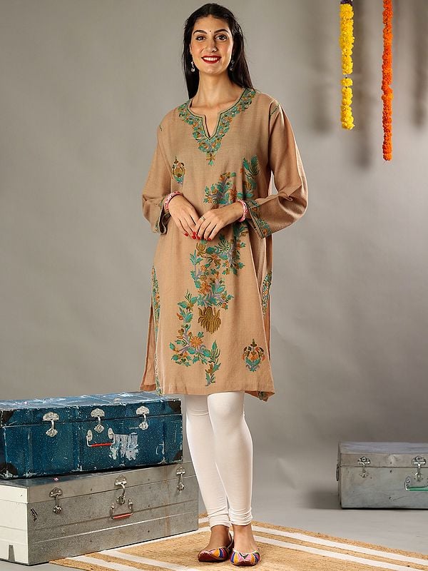 Aari Floral Embroidery Mud Brown Woolen Kurti with Detailed Colorful Traditional Kashmiri Motifs