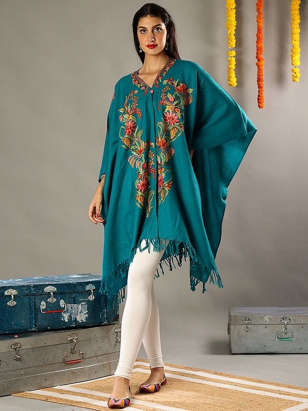 Aari Floral Embroidery Teal Blue Woolen Cape with Detailed Colorful Traditional Kashmiri Motifs