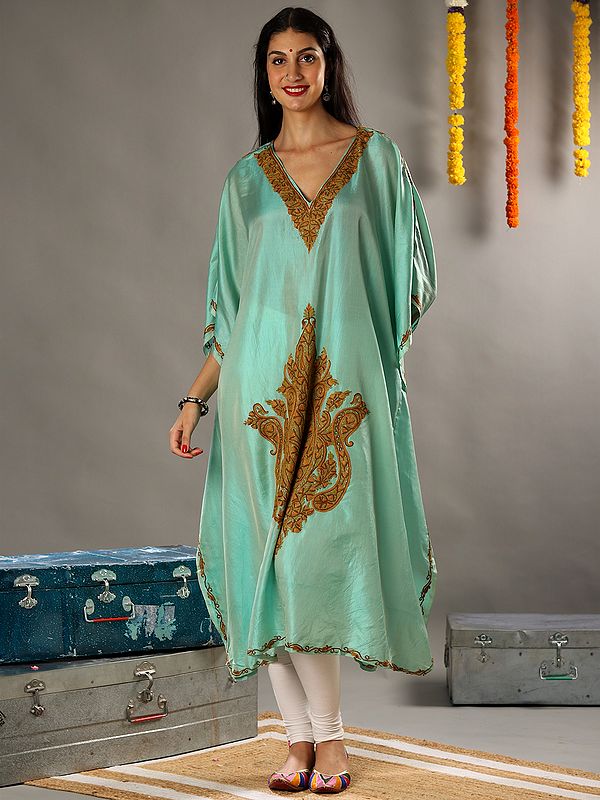 Aari Floral Embroidery Turqouise Satin Kaftan with Detailed Colorful Traditional Kashmiri Motifs
