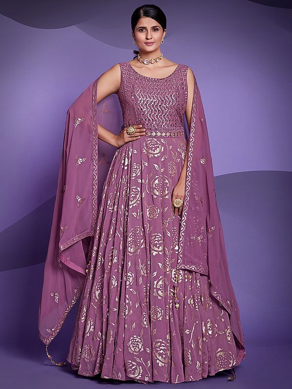 Lavender Color Georgette Sequins Embroidered Anarkali Style Gown with Latkan Dupatta