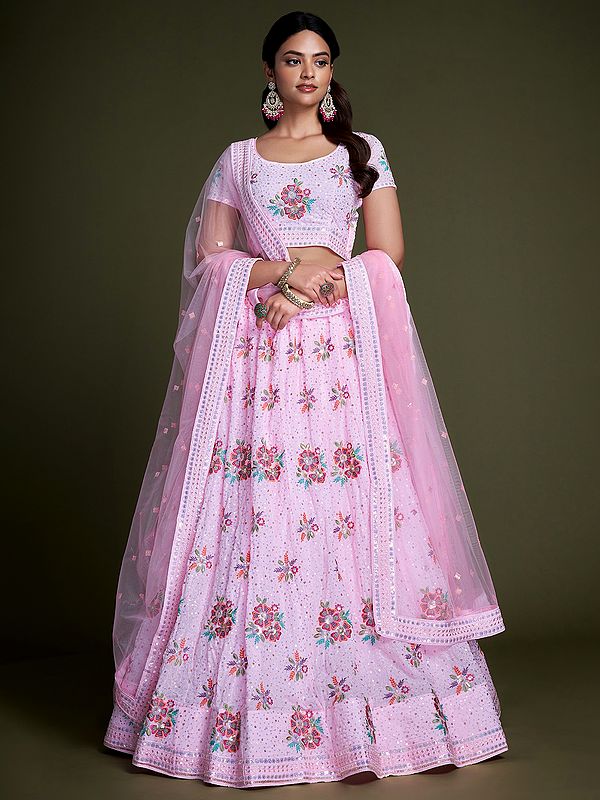 Georgette Multicolor Floral Motif Lehenga Choli with Sequins Embroidery and Soft Net Dupatta