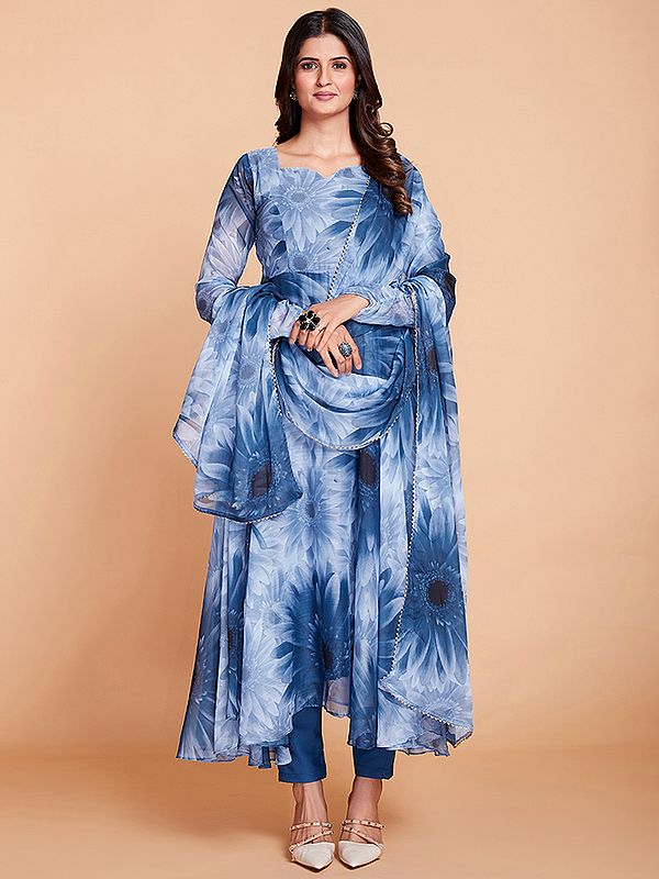 Blue Faux Georgette Floral Printed Suit with Micro Chiffon Pant Style Salwar and Dupatta