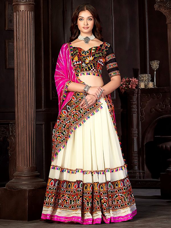 Off-White Georgette Thread-Mirror Embroidered Navratri Lehenga With Banglory Silk Choli And Silk Printed Pink Dupatta