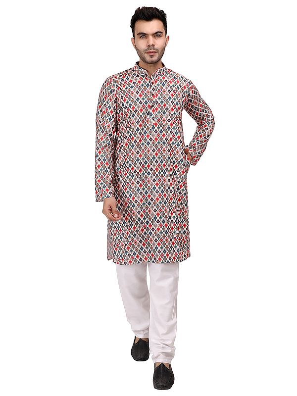 Cotton Blend Multicolor Digital Printed Kurta with Plain Pure Cotton White Pajama