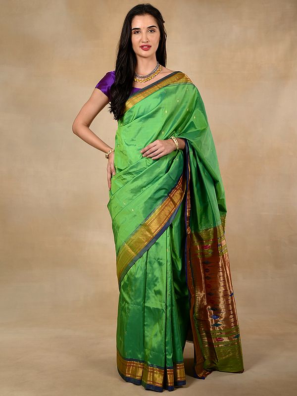 Parrot Green Silk Paithni Sari with Sheen Golden and Violet Border and Golden Zari Mor Big Butta, Kairi Butta and Mor Kunda Motifs