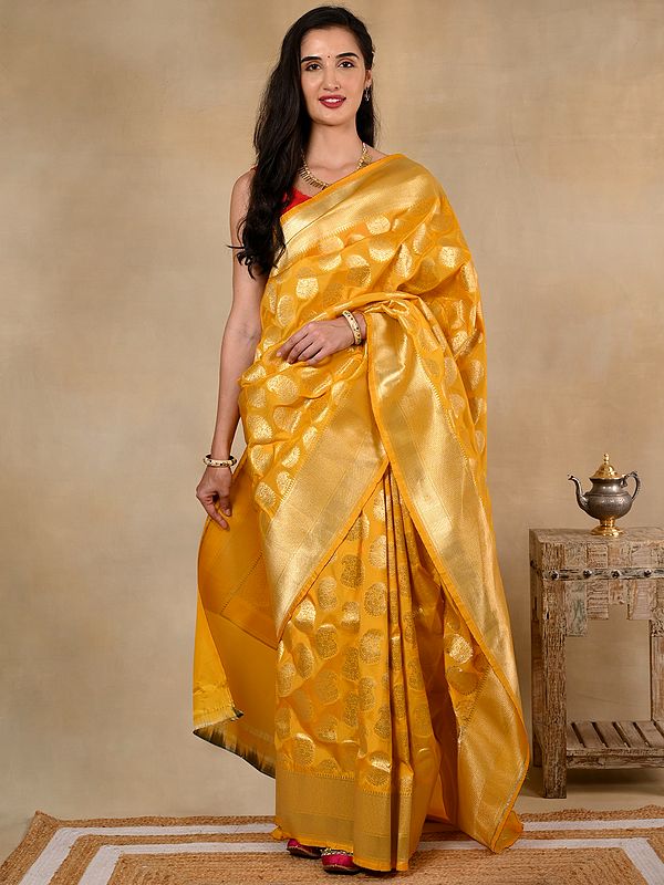 Marigold Yellow Silk Banarasi Sari with Sheen Border and Golden Zari Motifs