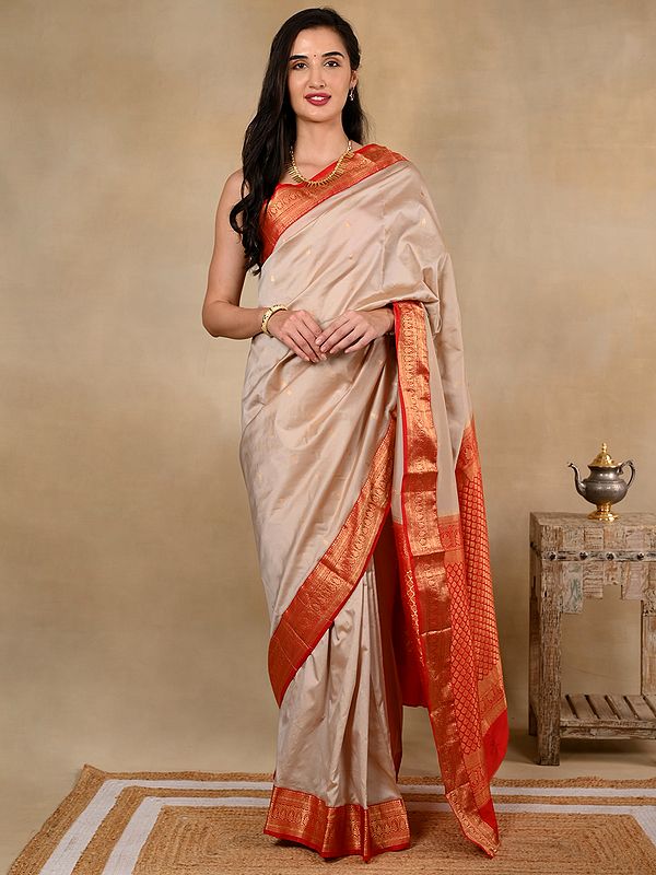 Oatmeal Beige and Blood Red Silk Banarasi Saree with Sheen Border and Golden Zari Motifs