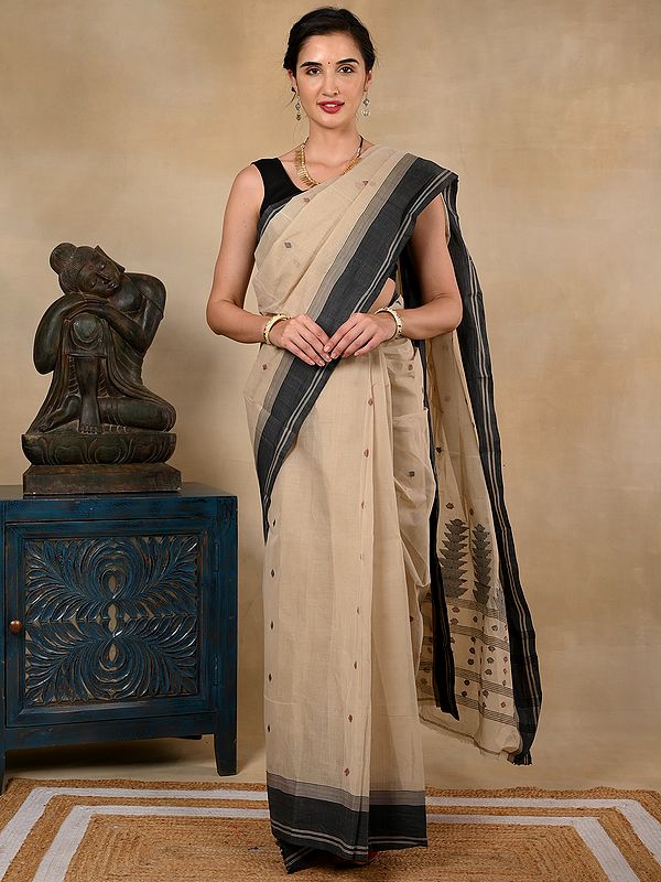 Taant Pure Cotton Beige Saree from West Bengal with Black Border and Bengali Motifs
