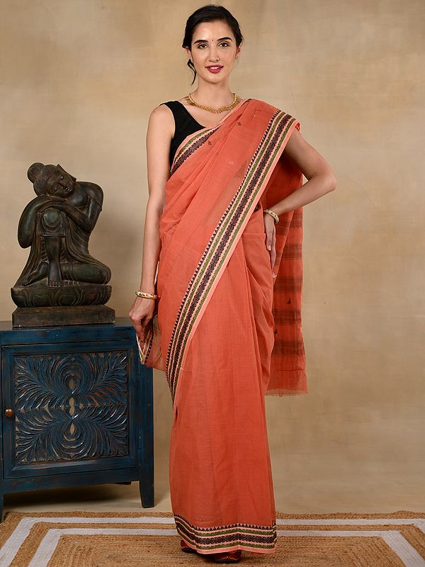 Taant Pure Cotton Brick Red Sari from West Bengal with Colorful Border and Bengali Motifs