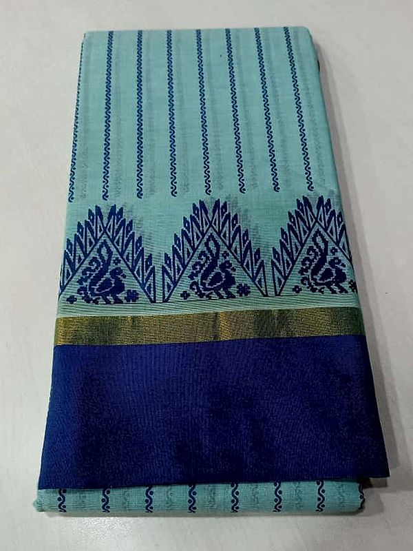 Blue-Glow Pure Cotton Striped Pattern Saree With Peacock Pattern Border