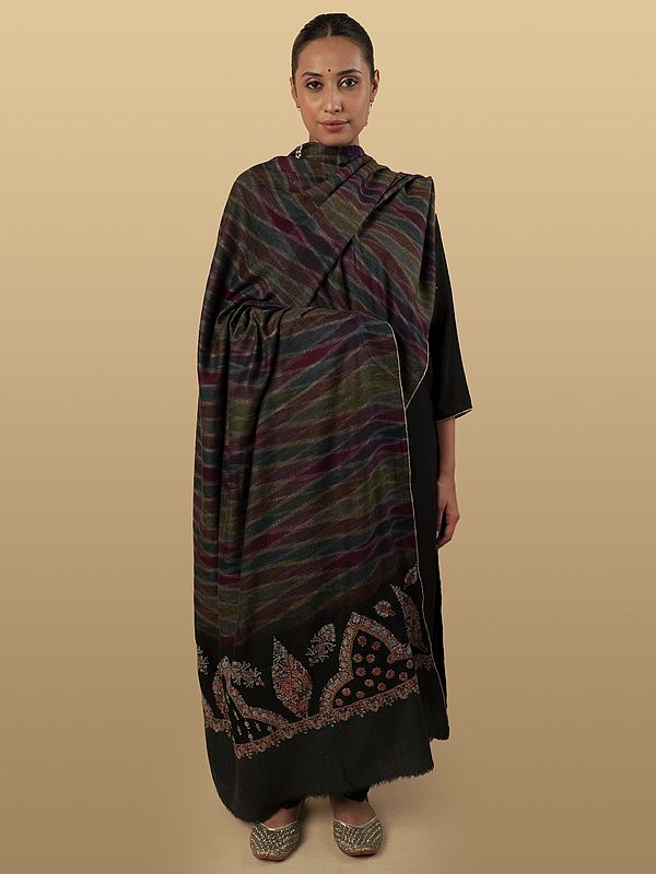Colossal-Noir Iqat Weave Cashmere Shawl with Pal-Dar Sozni Embroidery
