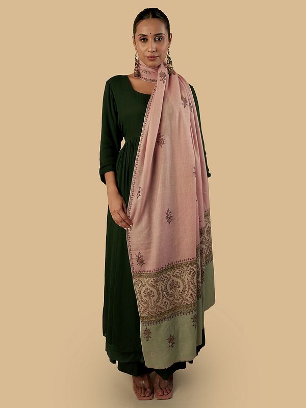 Pashmina Shawl with Multicolored Borders and Detailed Kalamkari Embroidery in Dusty Peach Base