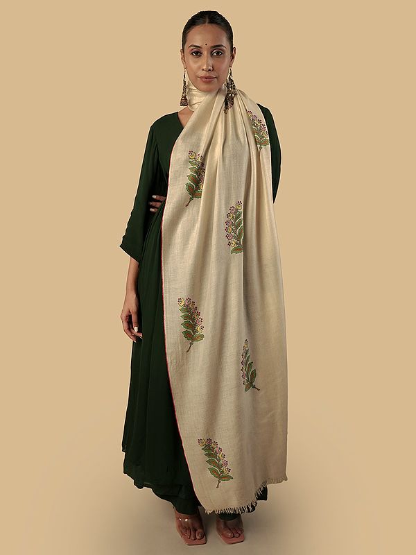 Pale Almond Cashmere Shawl with Multicolor Floral Motif Embroidery