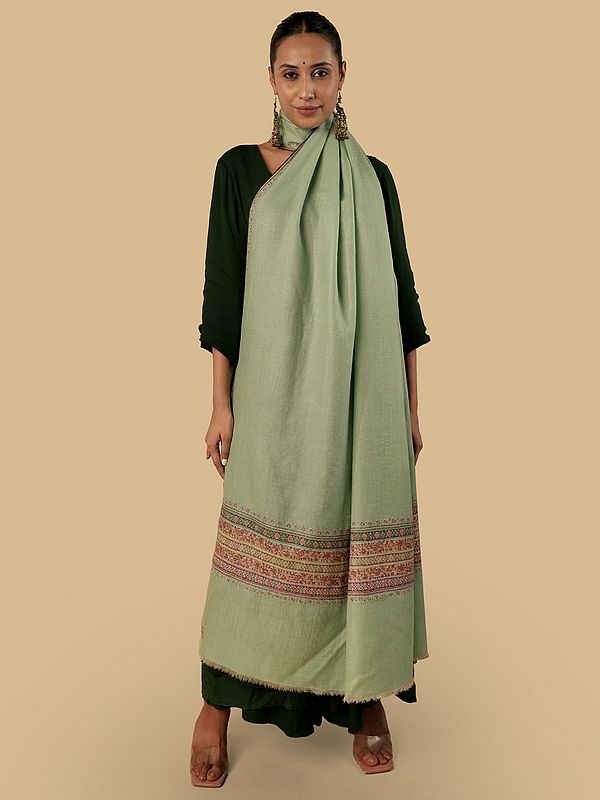 Pashmina Mist-Green Shawl with Embroidery on The Border