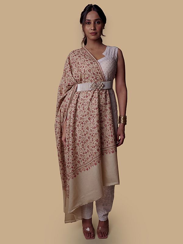 Pashmina Powder Dusty Peach Shawl with All-Over Floral Detailed Kalamkari Embroidery