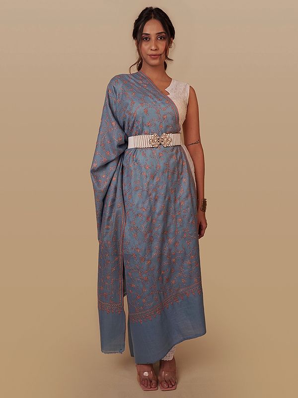 Pashmina Greyish Blue Shawl with All-Over Floral Detailed Kalamkari Embroidery