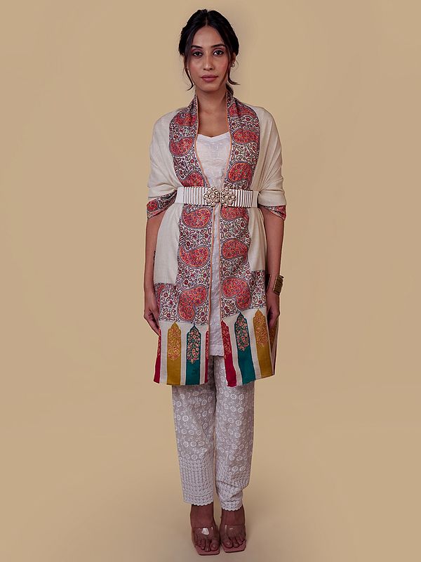 Pashmina Star White Shawl with Multicolored Border and Detailed Bota Kalamkari Embroidery