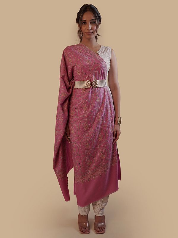 Pashmina Mauve Pink Shawl with Detailed Floral Sozni Work